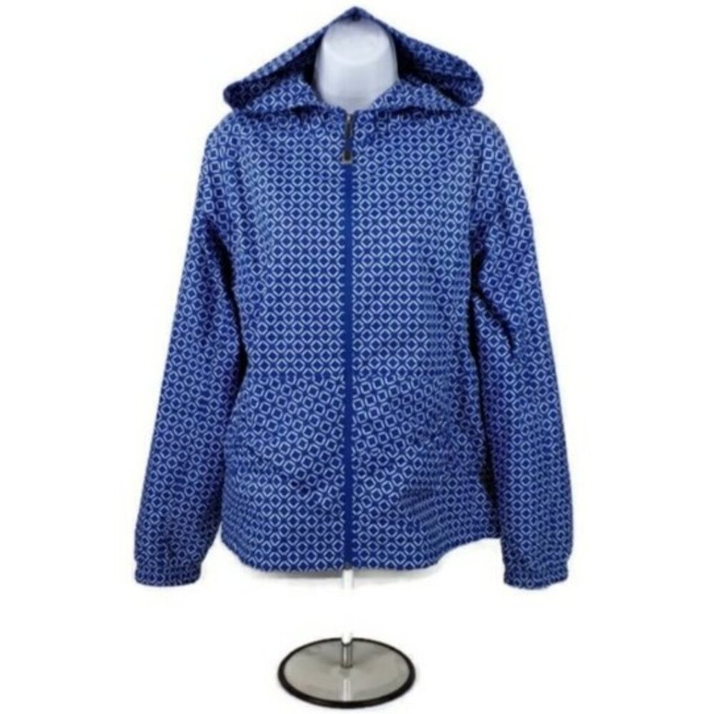 Hannah Blue White Geometric Print Zip Front Lightweight Hooded Jacket Womens L